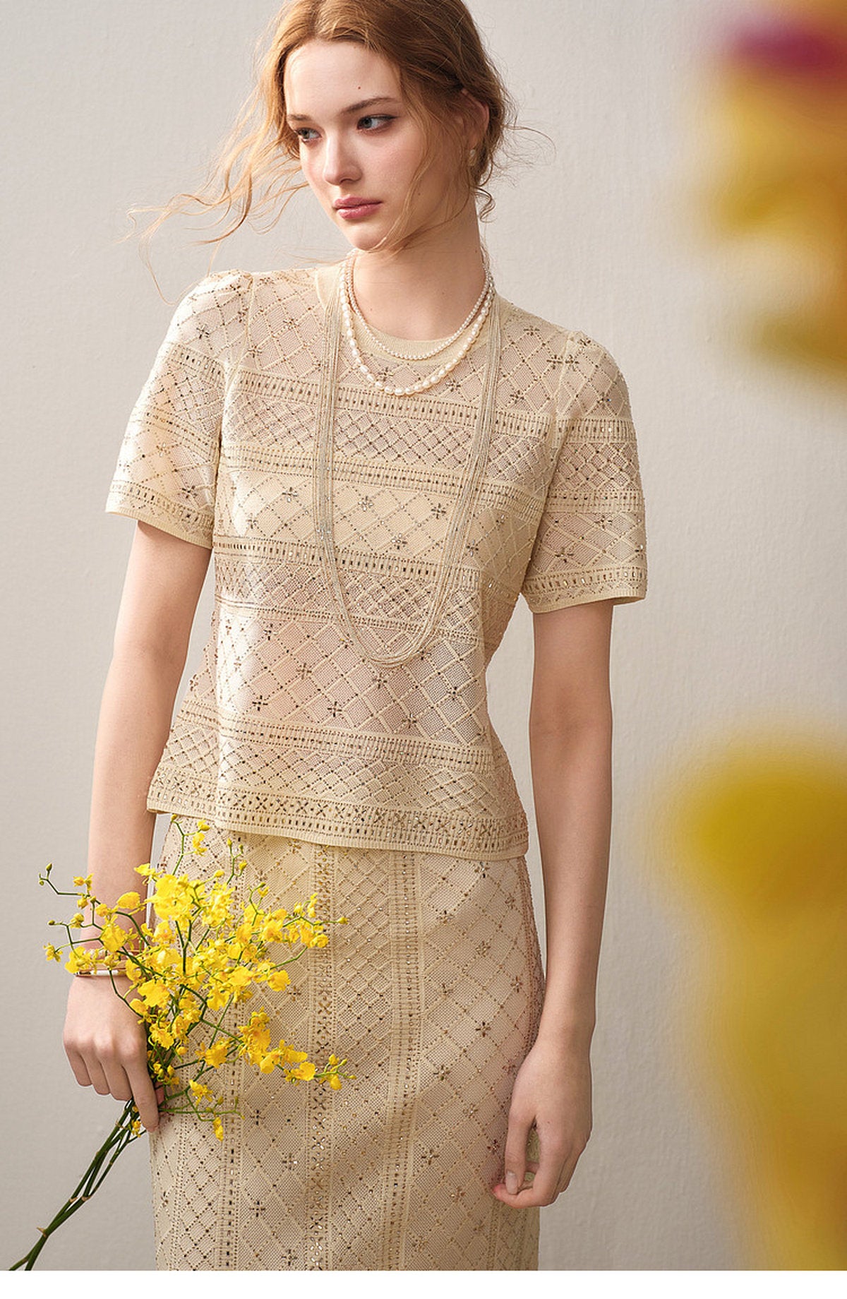 Beige Diamond Crochet Knit Co-Ord