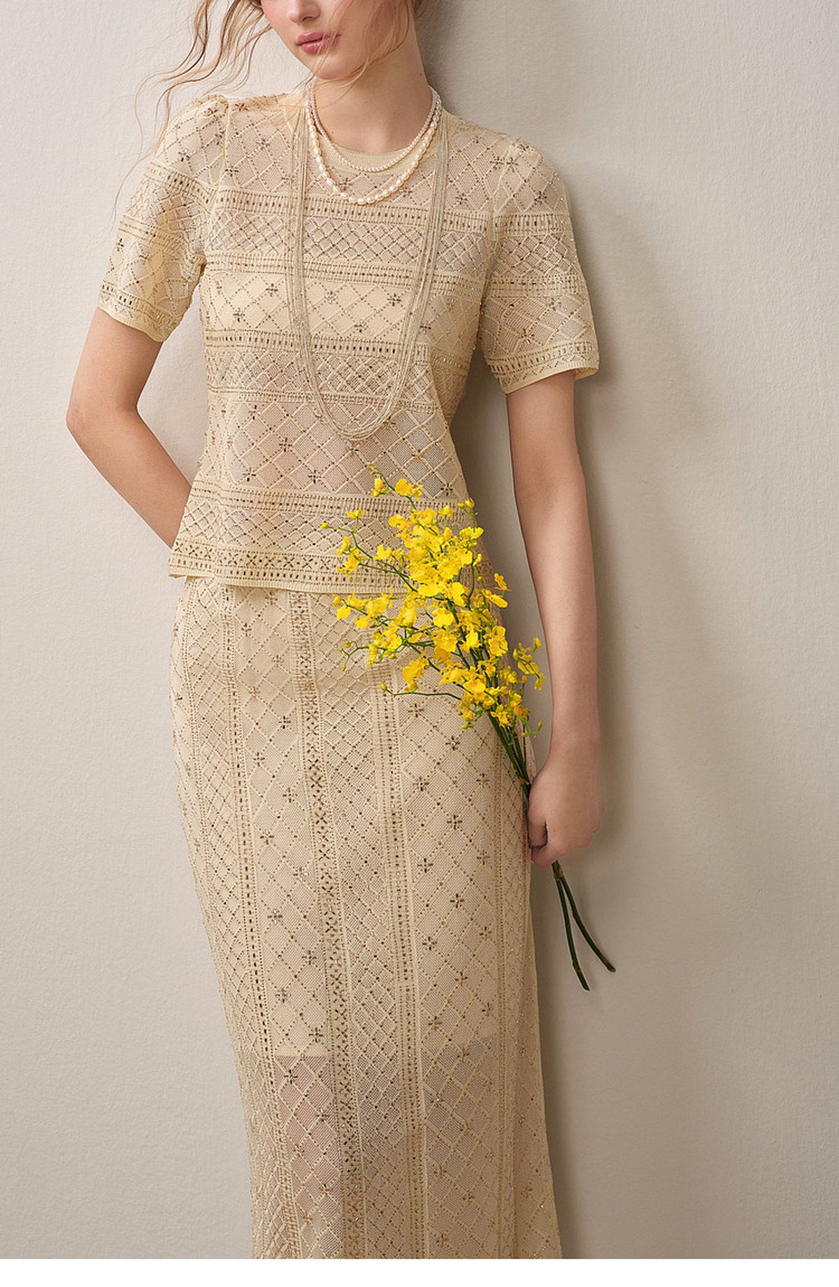 Beige Diamond Crochet Knit Co-Ord