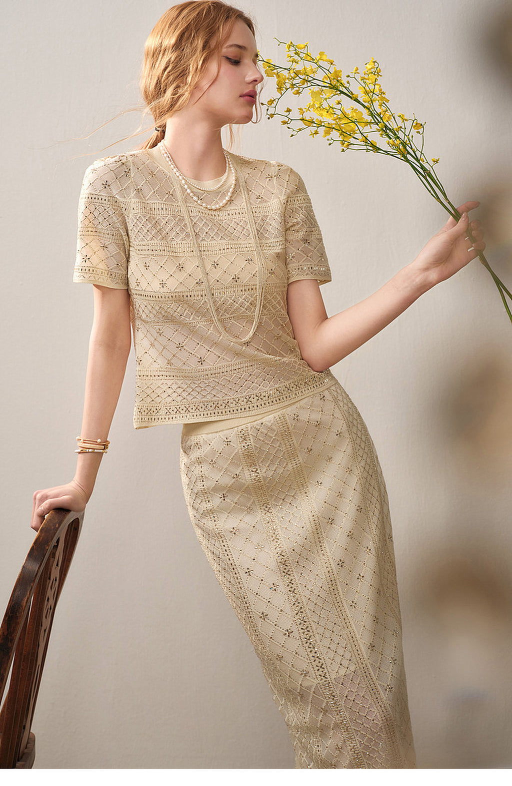 Beige Diamond Crochet Knit Co-Ord