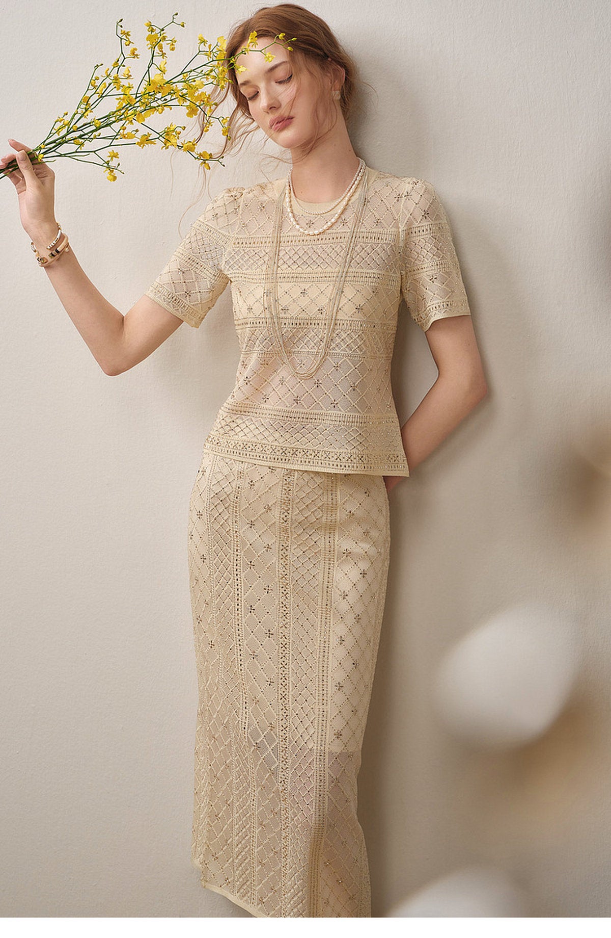 Beige Diamond Crochet Knit Co-Ord