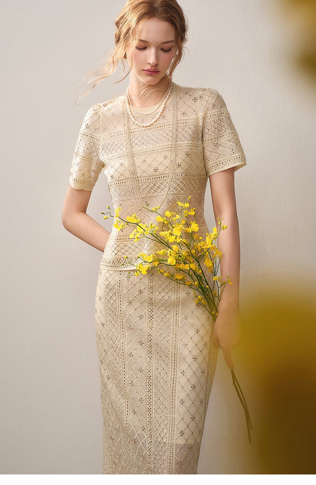 Beige Diamond Crochet Knit Co-Ord