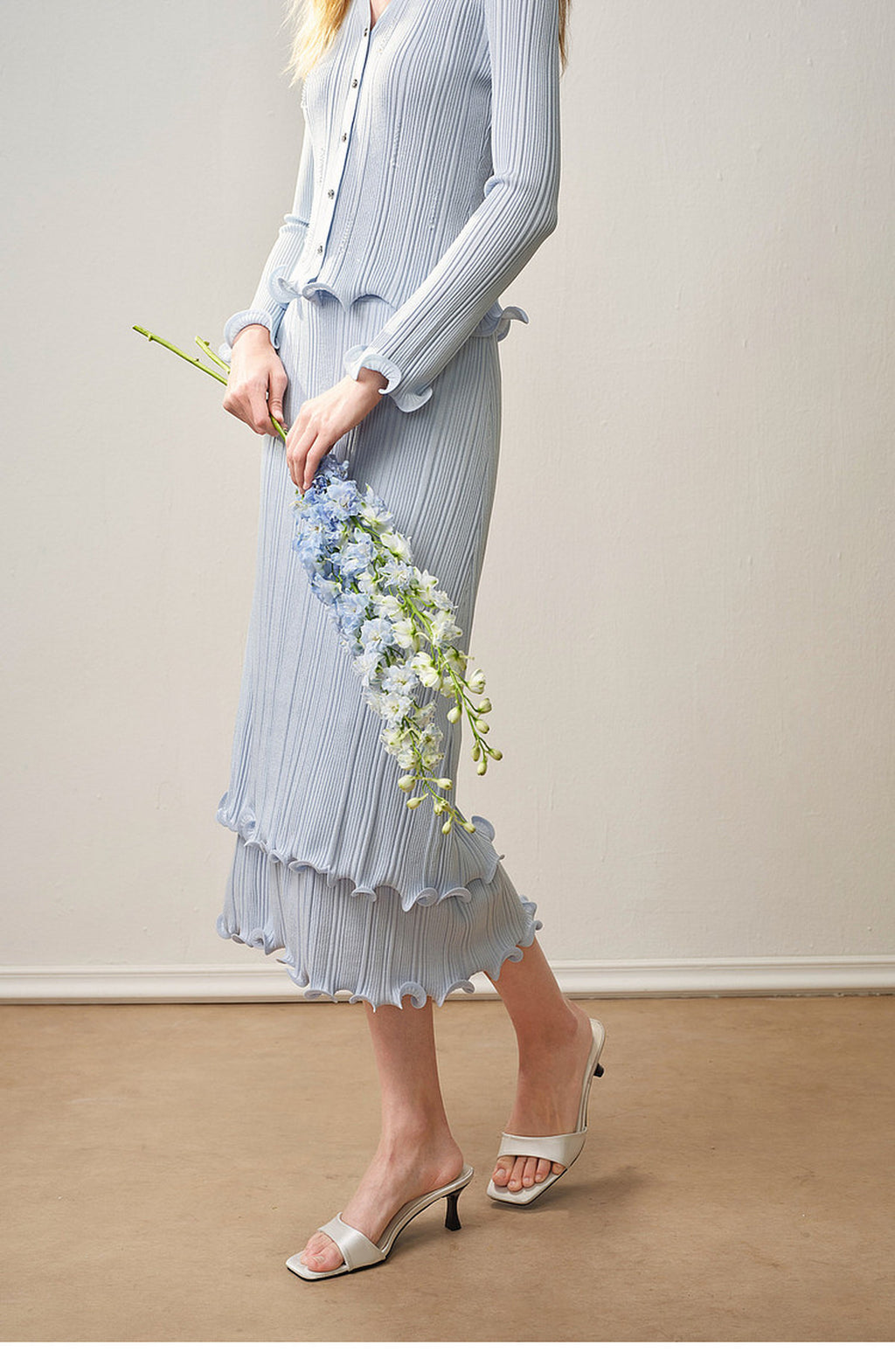 Sky Blue Ribbed Knit Ruffle Hem Skirt Co-Ord