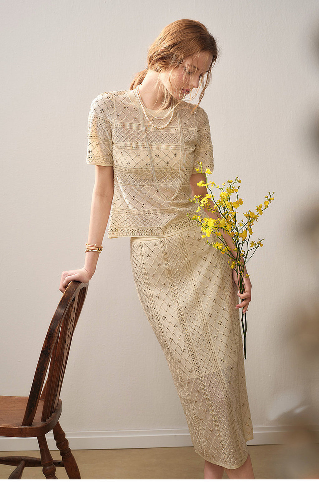 Beige Diamond Crochet Knit Co-Ord