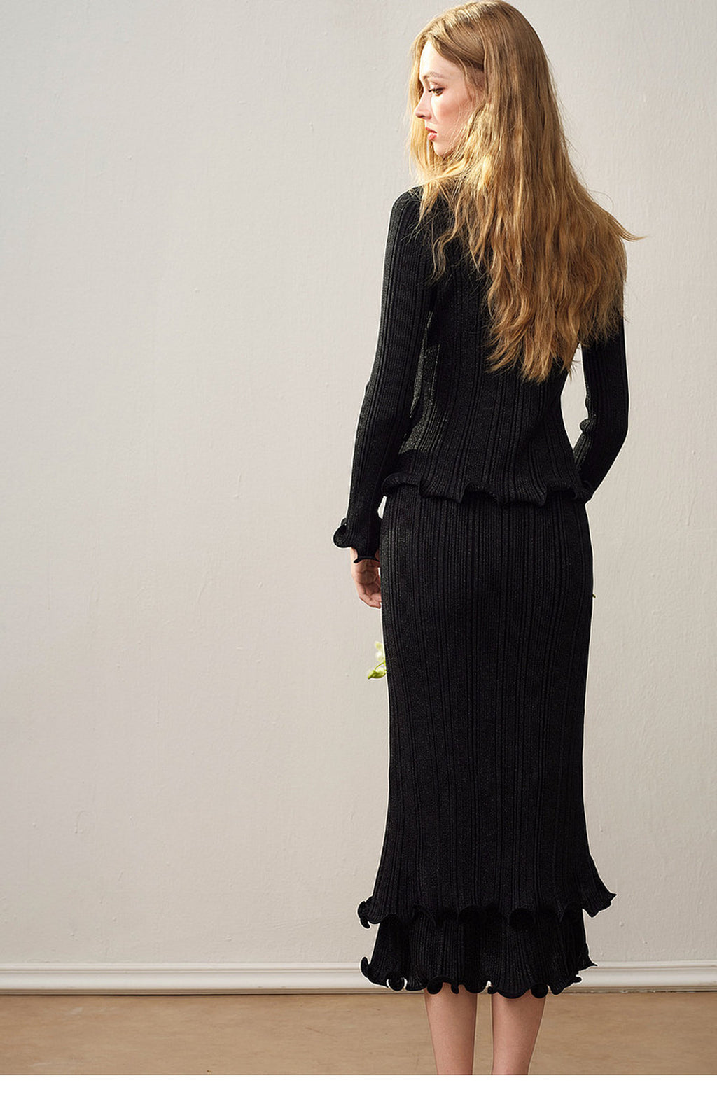 Black Ribbed Knit Ruffle Hem Skirt Co-Ord