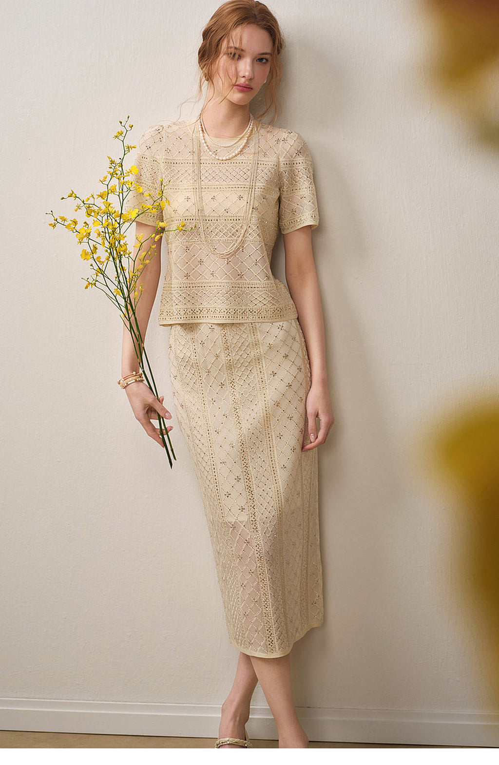 Beige Diamond Crochet Knit Co-Ord