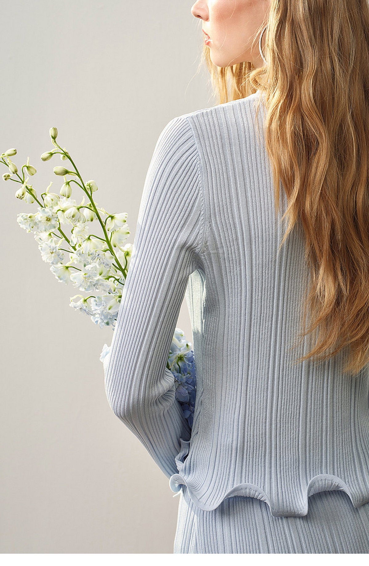 Sky Blue Ribbed Knit Ruffle Hem Skirt Co-Ord
