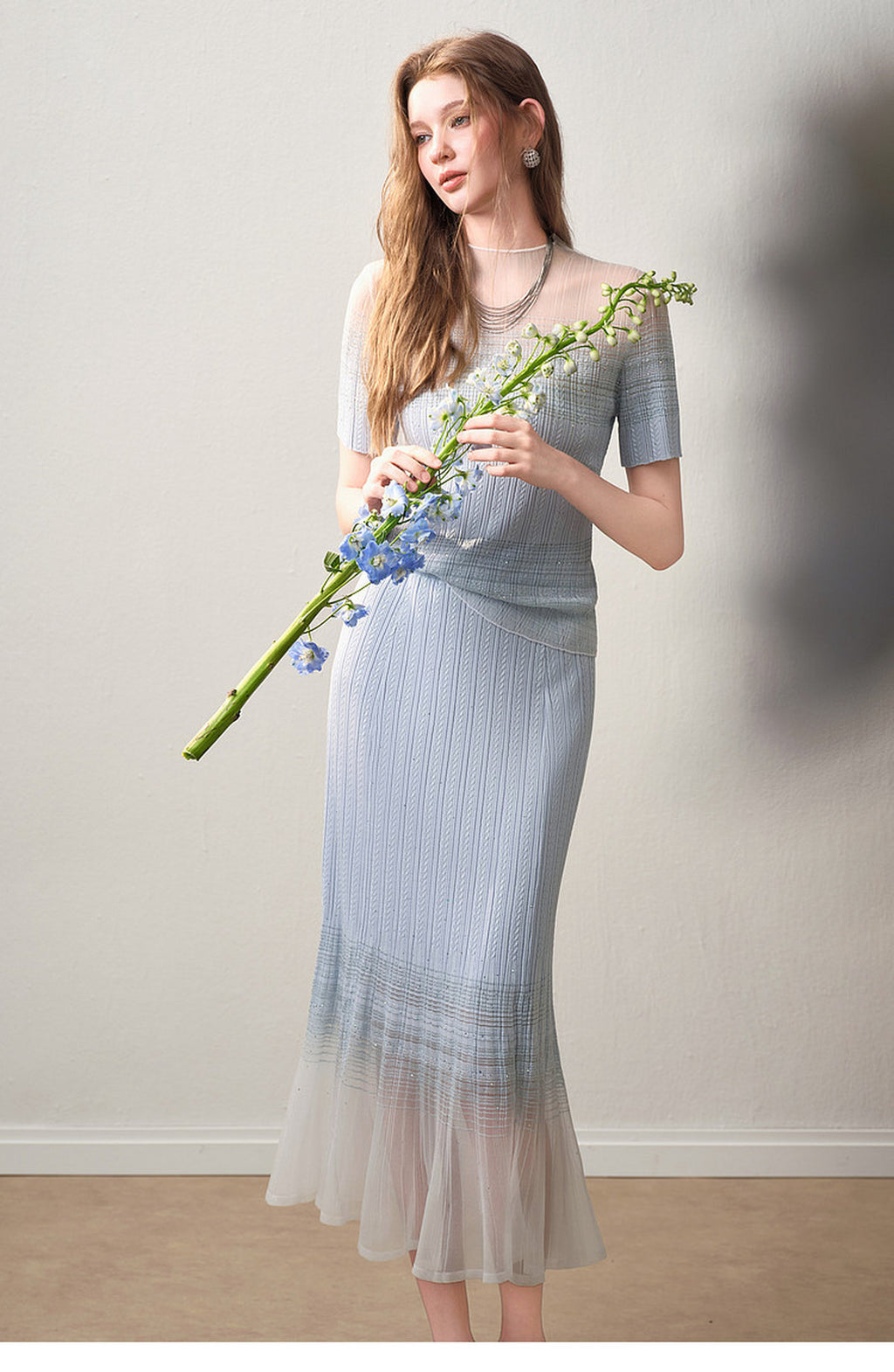 Delphinium Short-Sleeve Gradient Mesh Knit Mermaid Co-Ord