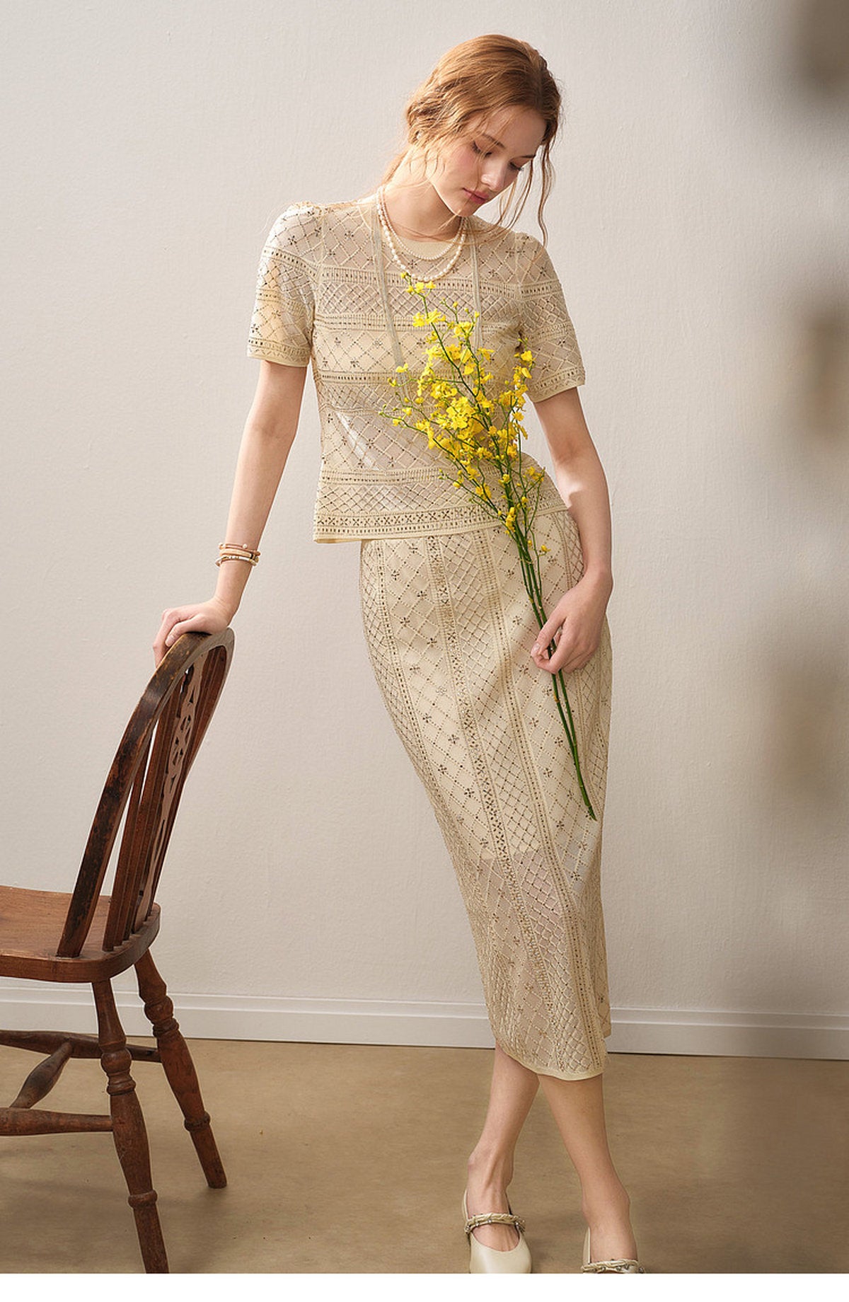 Beige Diamond Crochet Knit Co-Ord