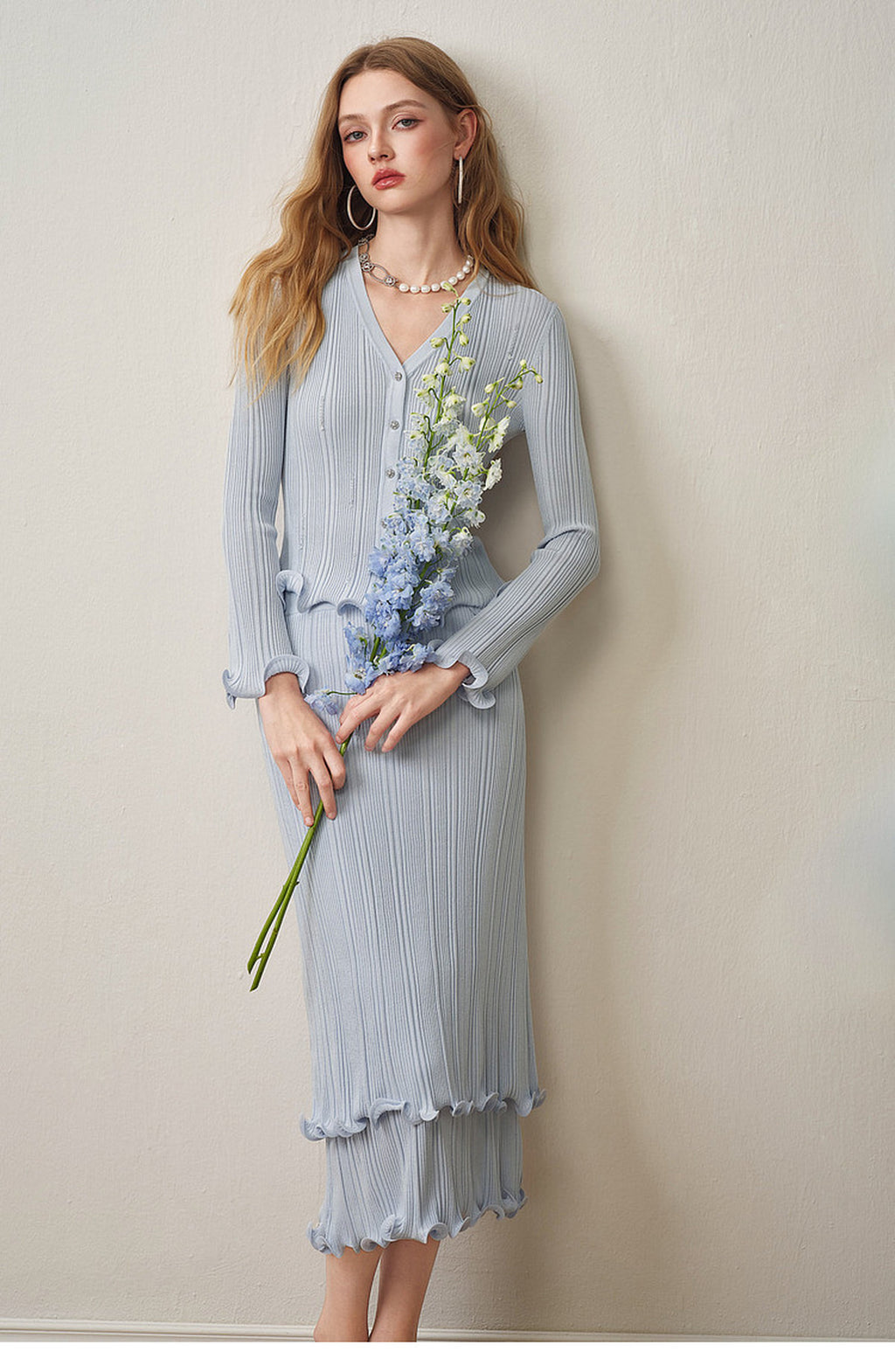 Sky Blue Ribbed Knit Ruffle Hem Skirt Co-Ord