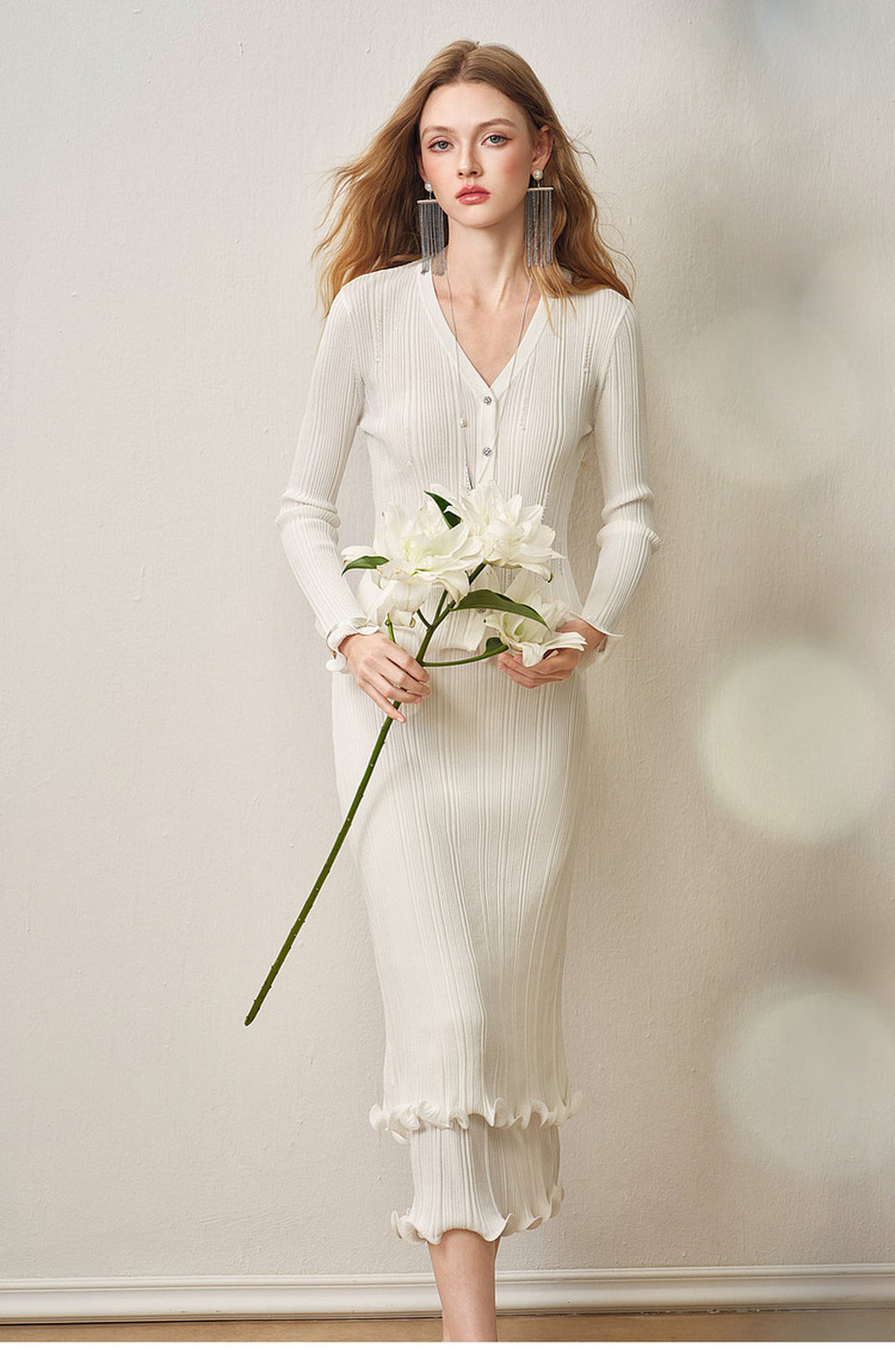 Cream White Ribbed Knit Ruffle Hem Skirt Co-Ord