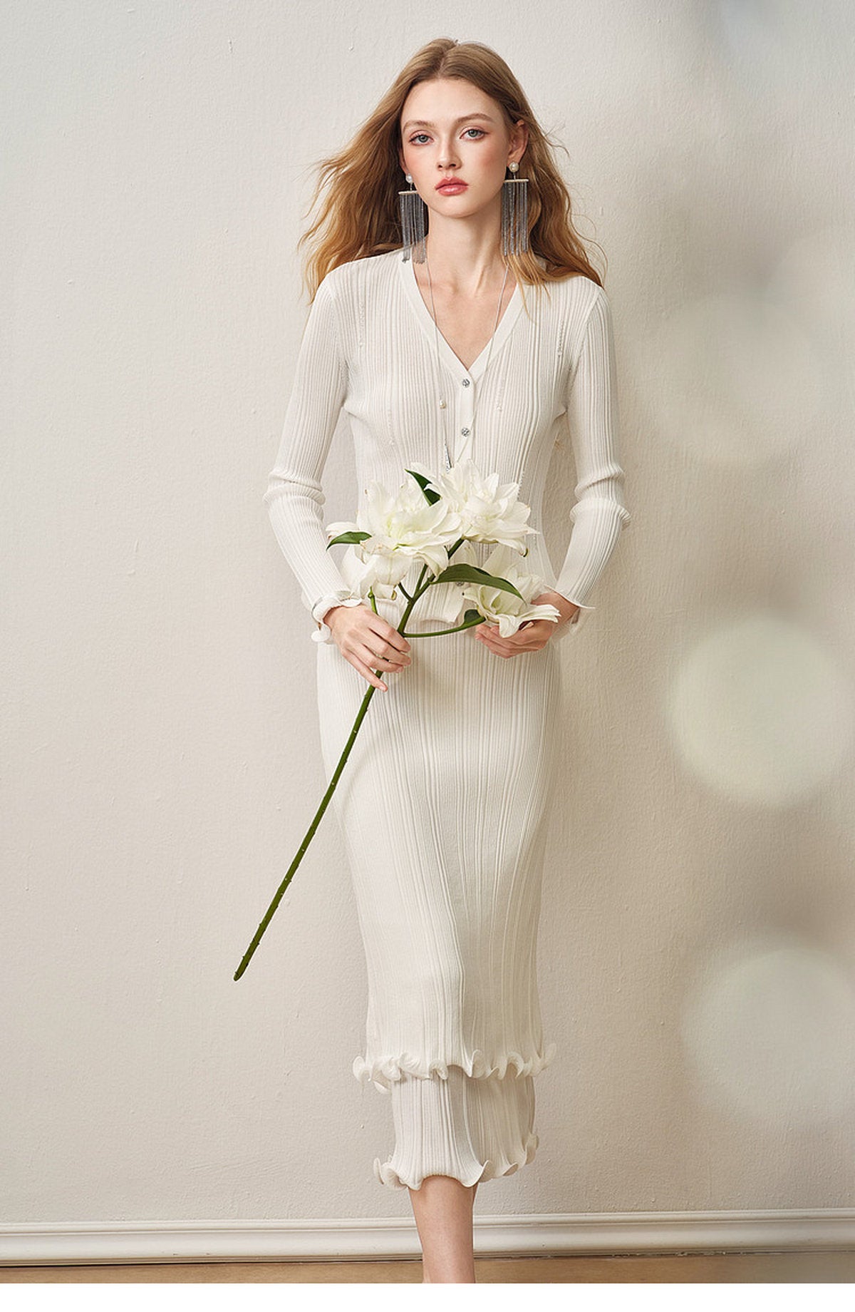 Cream White Ribbed Knit Ruffle Hem Skirt Co-Ord