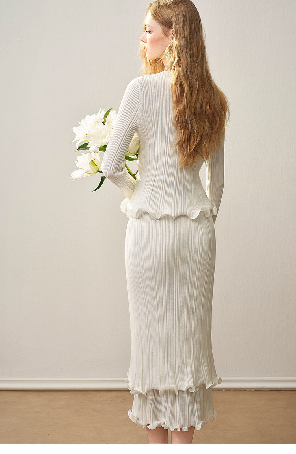 Cream White Ribbed Knit Ruffle Hem Skirt Co-Ord