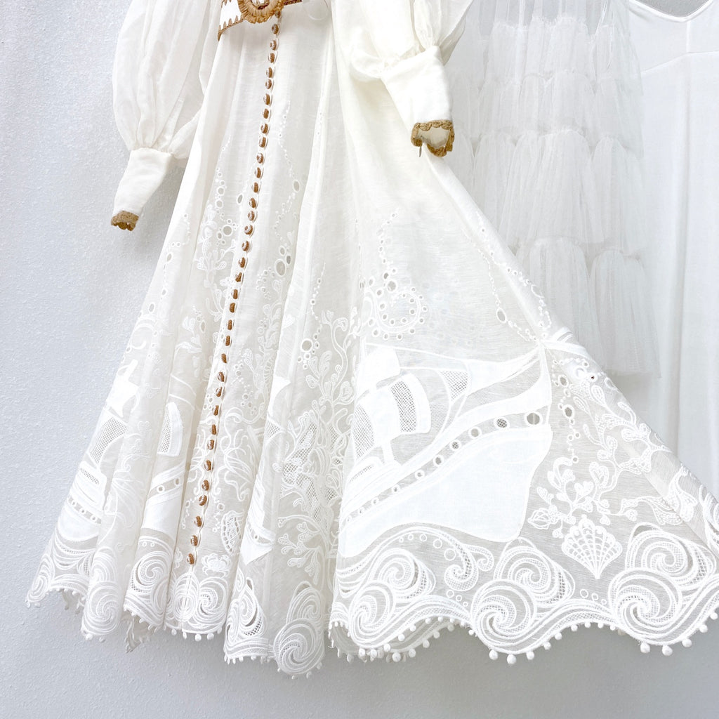 Island Vacation Embroidered Waist-Cinching Lapel Shirt Maxi Dress