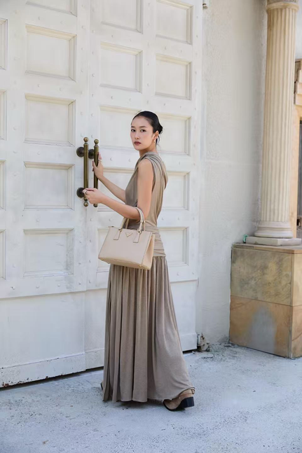 Vintage One Shoulder Gold Beaded Satin Maxi Dress