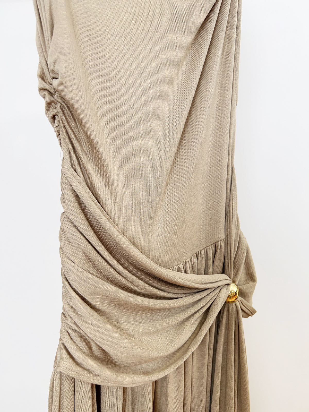 Vintage One Shoulder Gold Beaded Satin Maxi Dress