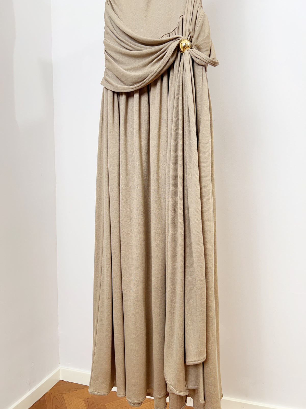 Vintage One Shoulder Gold Beaded Satin Maxi Dress