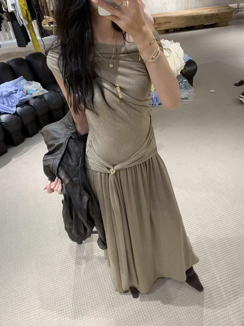 Vintage One Shoulder Gold Beaded Satin Maxi Dress