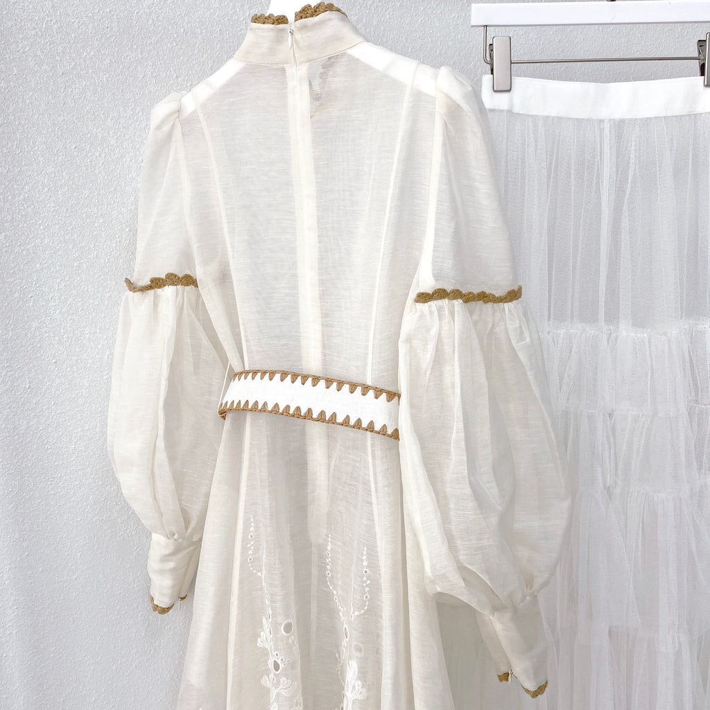 Island Vacation Embroidered Waist-Cinching Lapel Shirt Maxi Dress