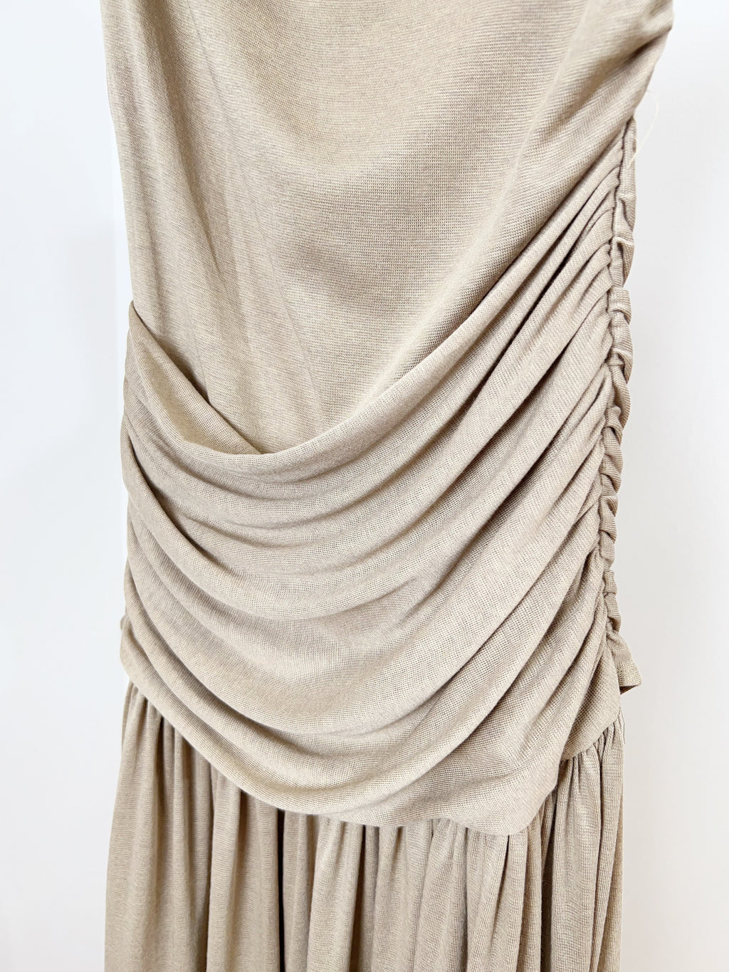 Vintage One Shoulder Gold Beaded Satin Maxi Dress