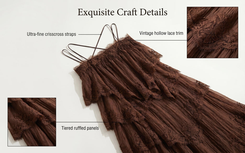 Brown Tiered Ruffle Maxi Slip Dress with Lace Rrim