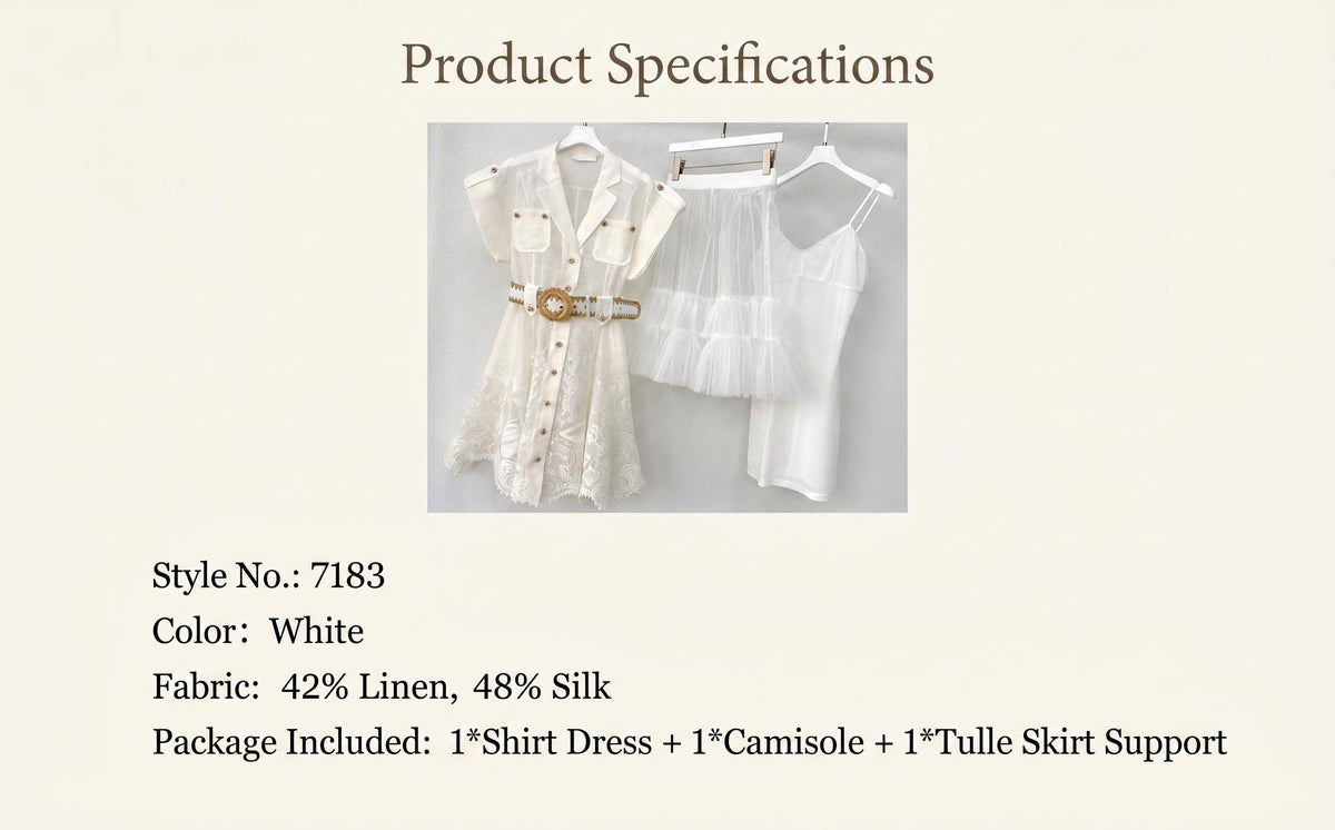 Island Vacation Embroidered Waist-Cinching Lapel Shirt Dress