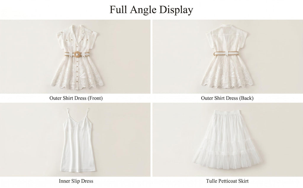 Island Vacation Embroidered Waist-Cinching Lapel Shirt Dress