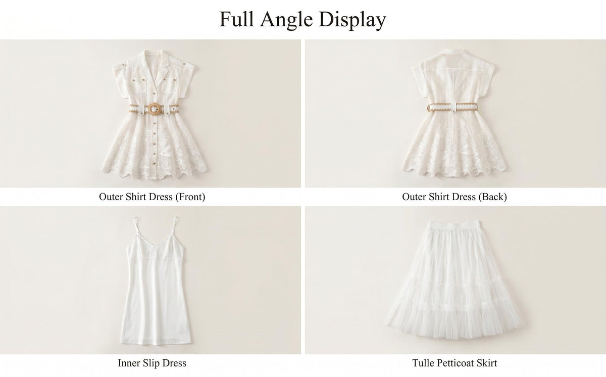 Island Vacation Embroidered Waist-Cinching Lapel Shirt Dress