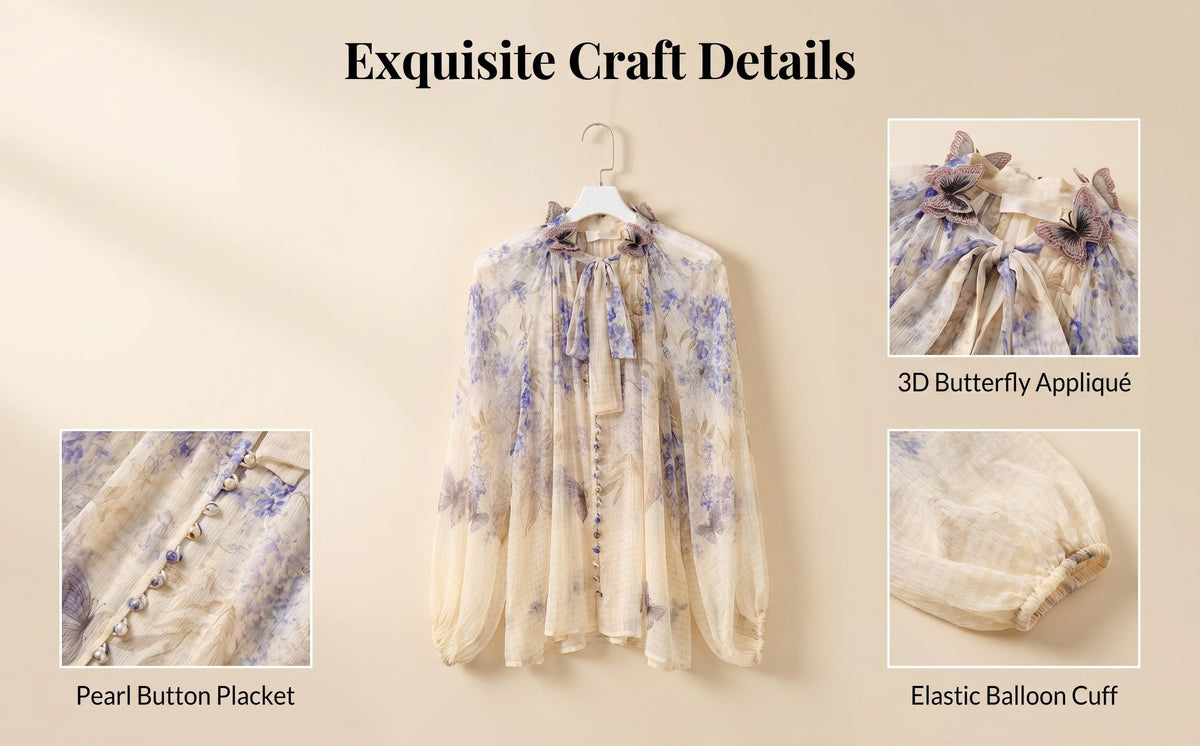 Indigo Wisteria Print Neck Tie Long Sleeve Blouse