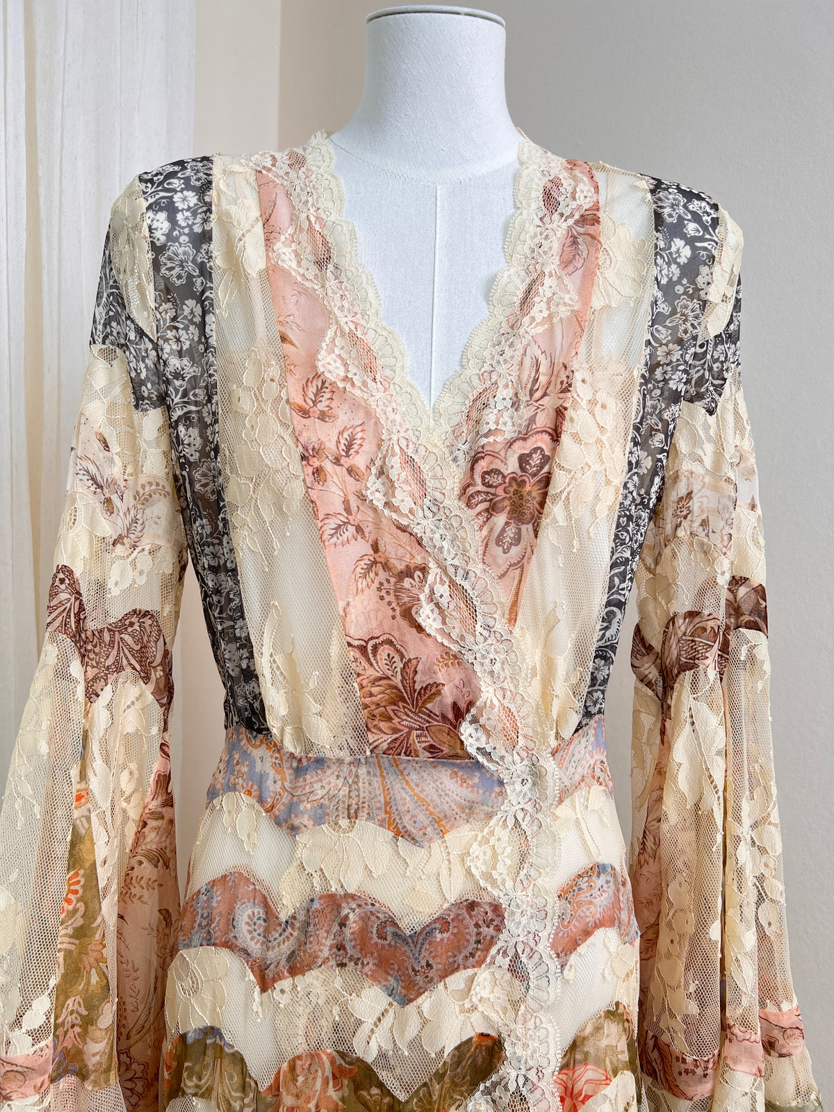 Mulberry Silk Spliced Lace Wide Flared Sleeve Long Dress