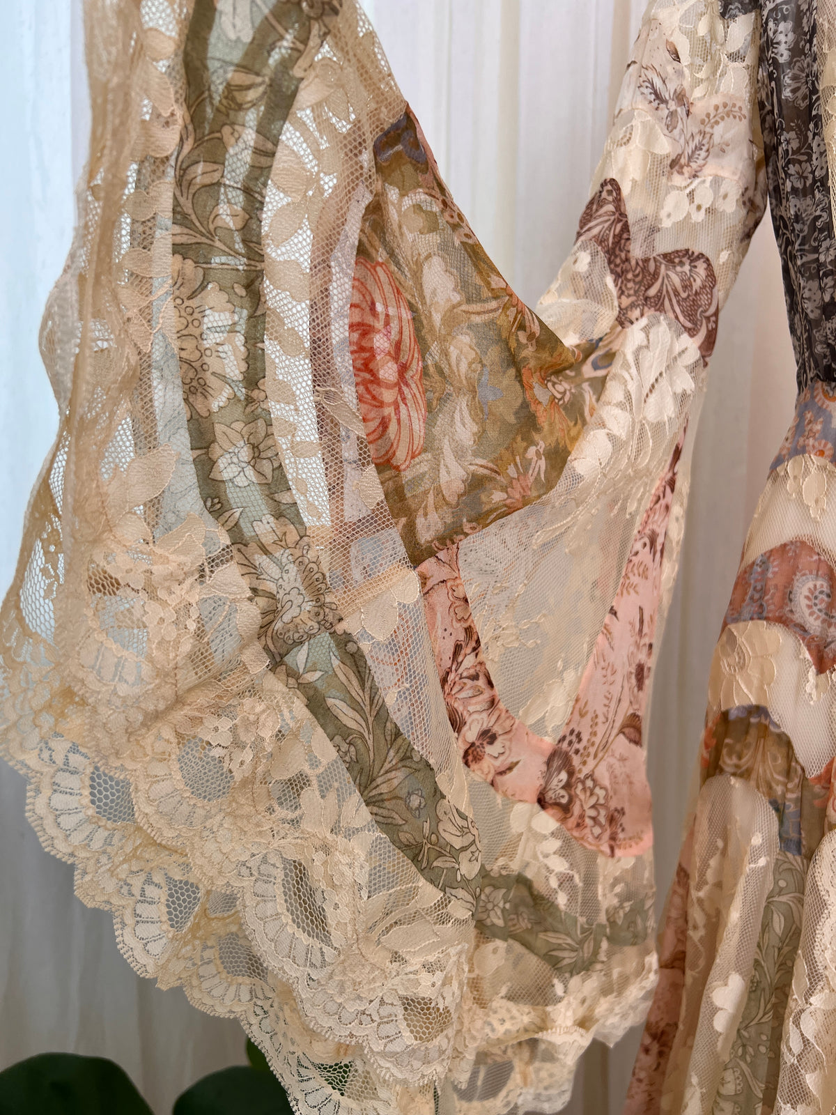 Mulberry Silk Spliced Lace Wide Flared Sleeve Long Dress