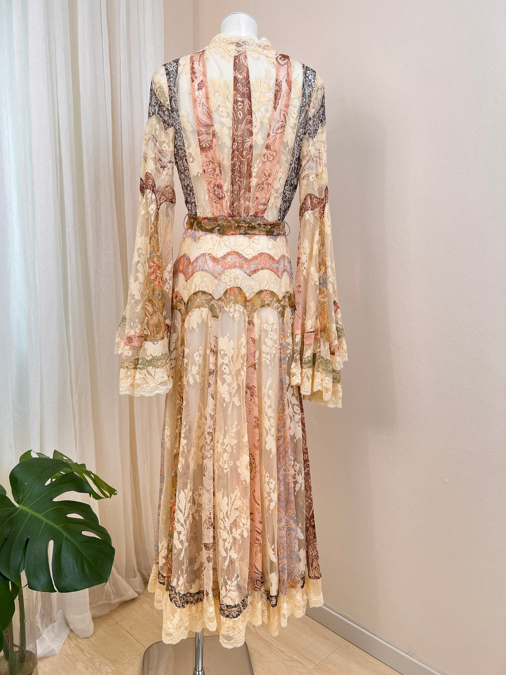 Mulberry Silk Spliced Lace Wide Flared Sleeve Long Dress