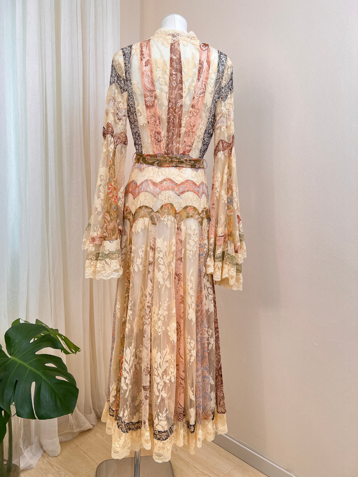 Mulberry Silk Spliced Lace Wide Flared Sleeve Long Dress