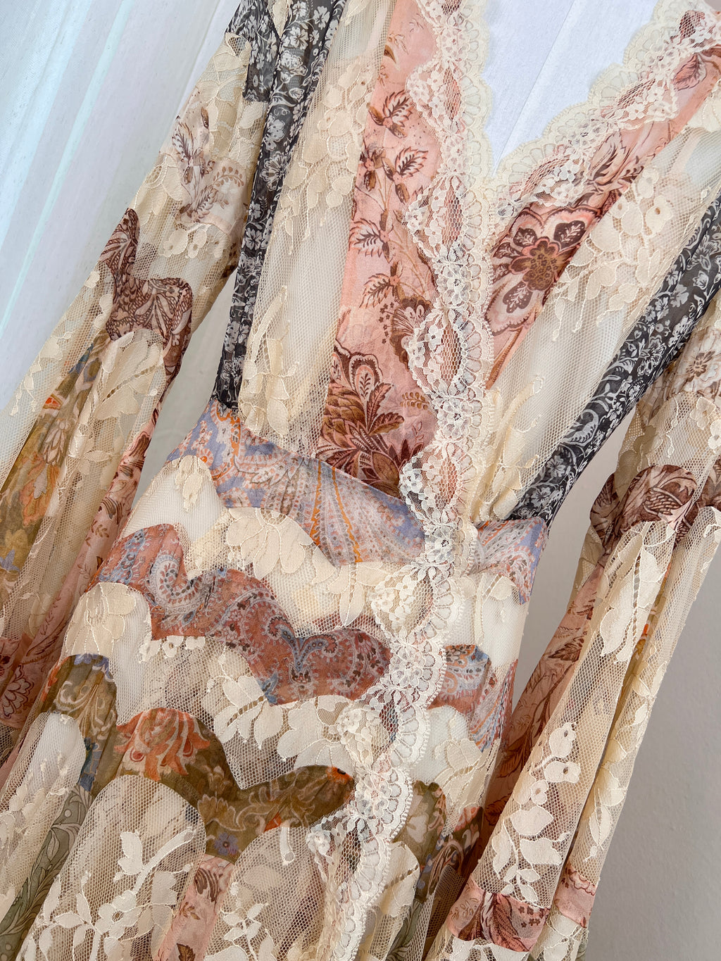 Mulberry Silk Spliced Lace Wide Flared Sleeve Long Dress