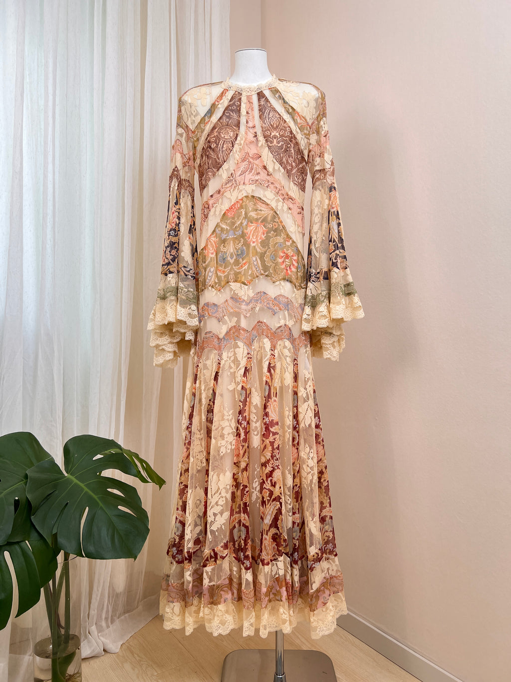Vintage printed mulberry silk spliced lace long dress