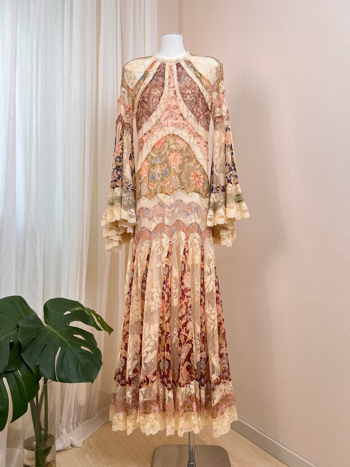 Vintage printed mulberry silk spliced lace long dress
