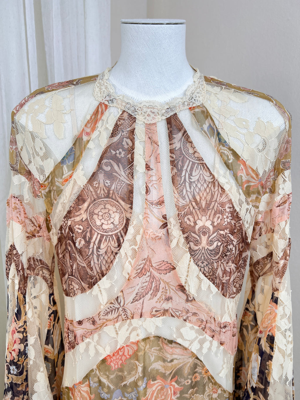 Vintage printed mulberry silk spliced lace long dress