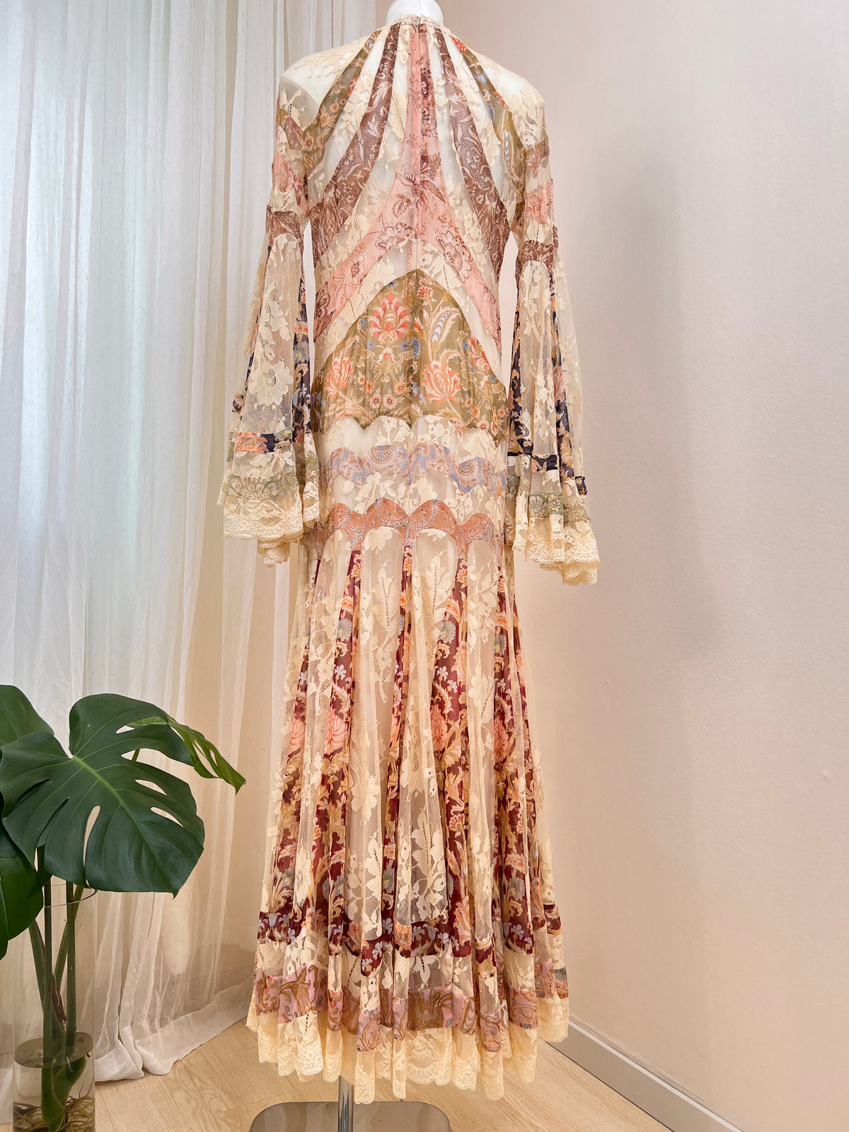 Vintage printed mulberry silk spliced lace long dress