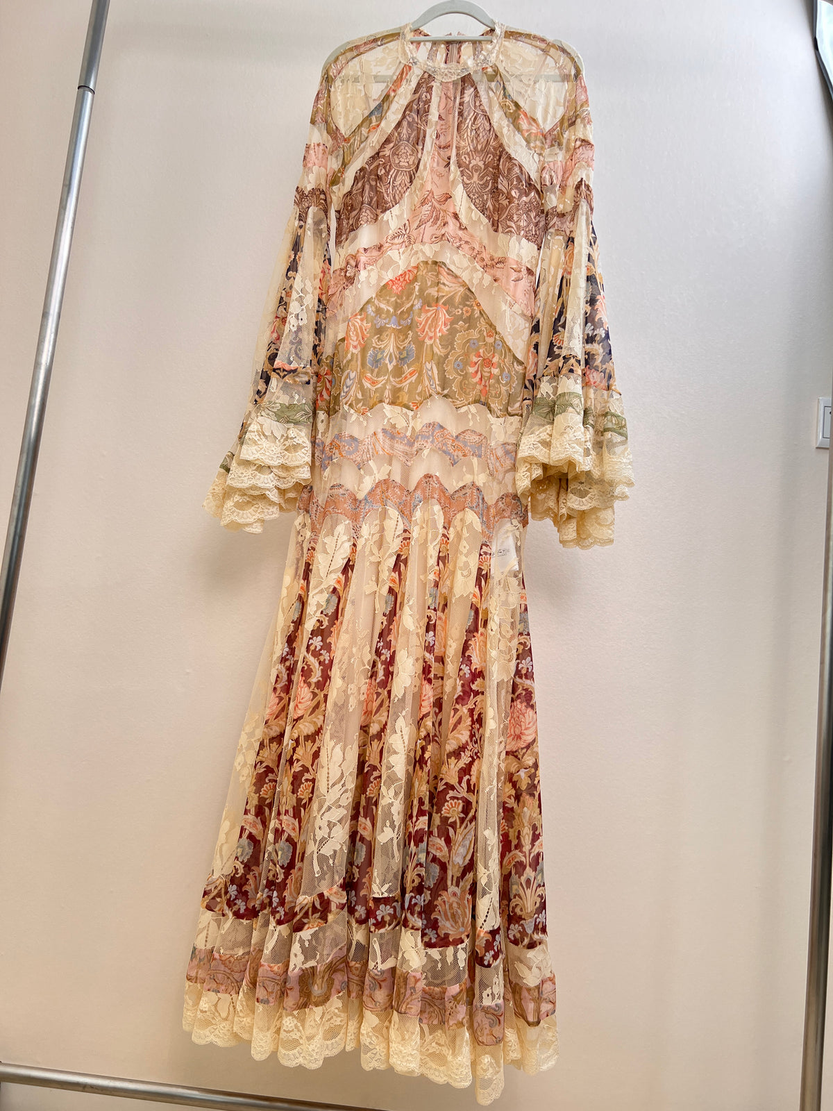 Vintage printed mulberry silk spliced lace long dress