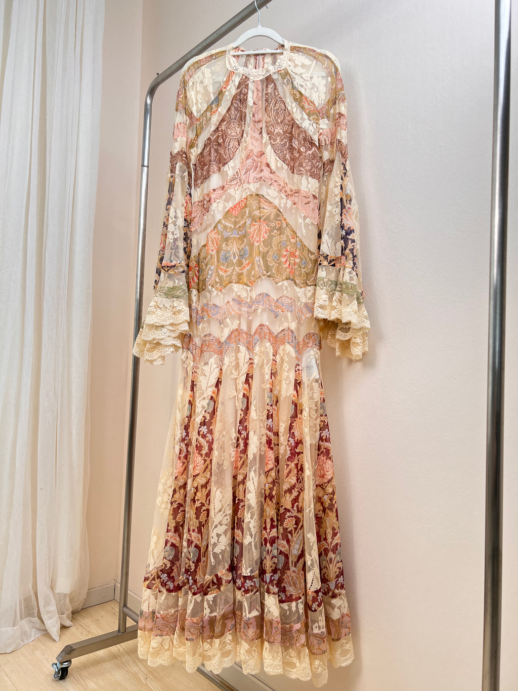 Vintage printed mulberry silk spliced lace long dress