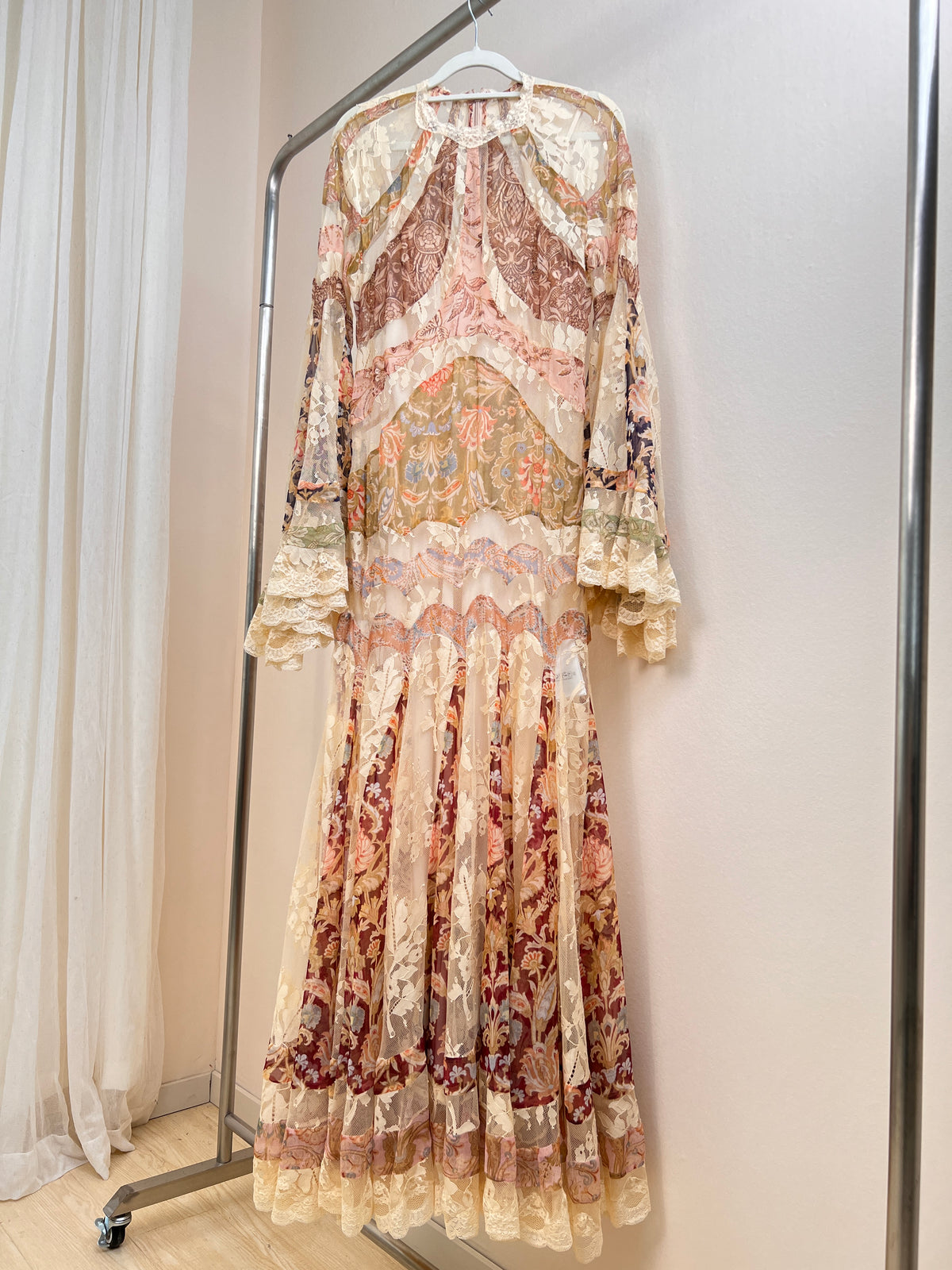 Vintage printed mulberry silk spliced lace long dress