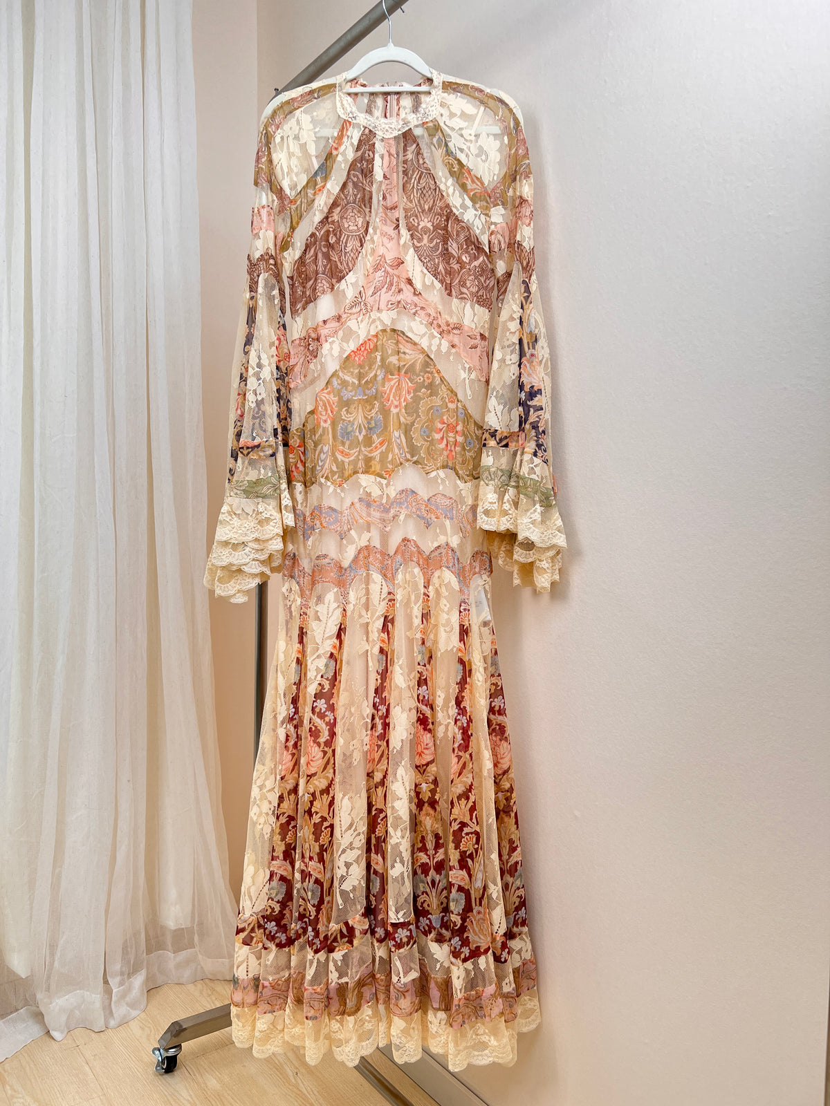 Vintage printed mulberry silk spliced lace long dress