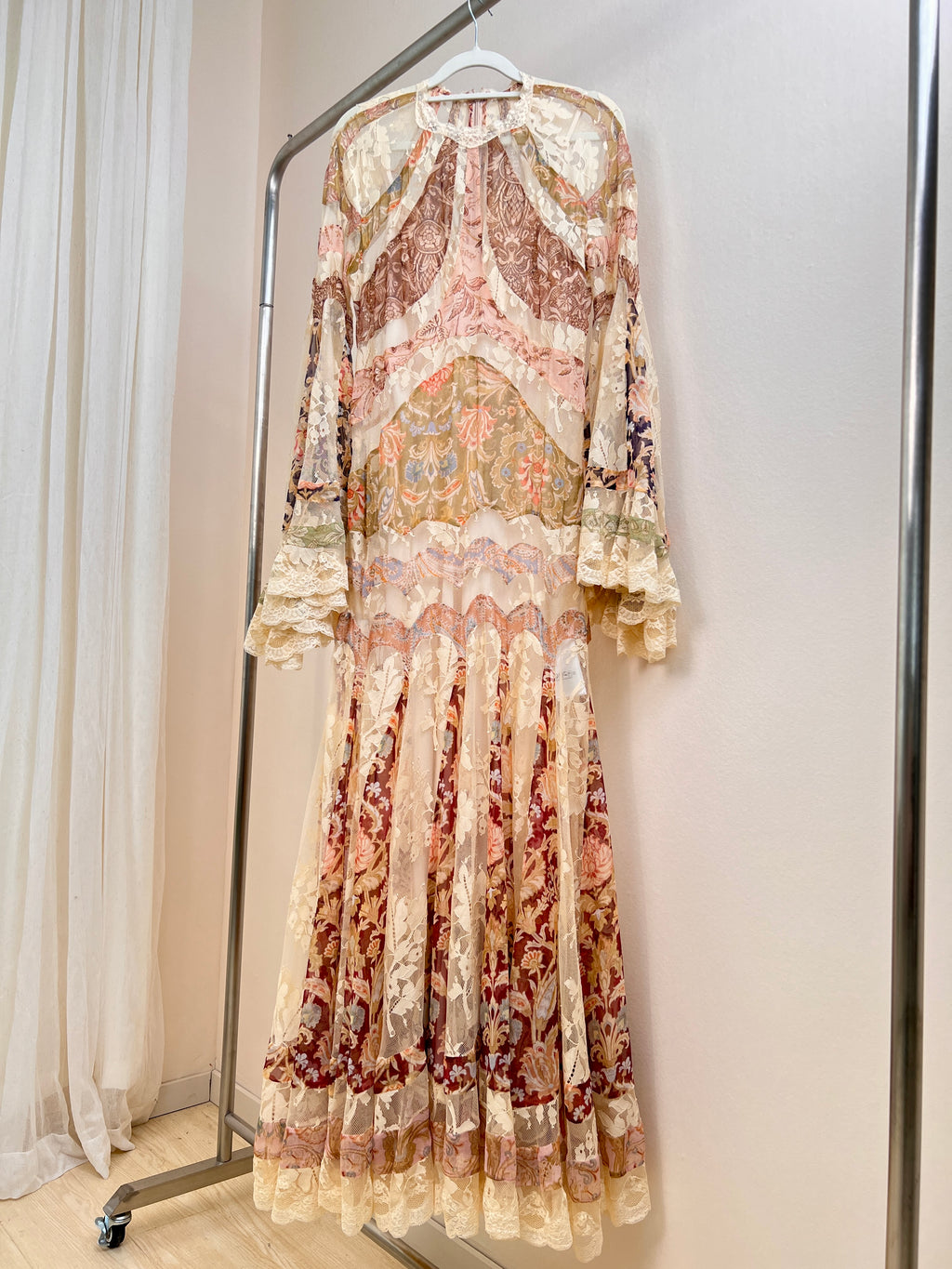 Vintage printed mulberry silk spliced lace long dress