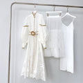 Island Vacation Embroidered Waist-Cinching Lapel Shirt Maxi Dress