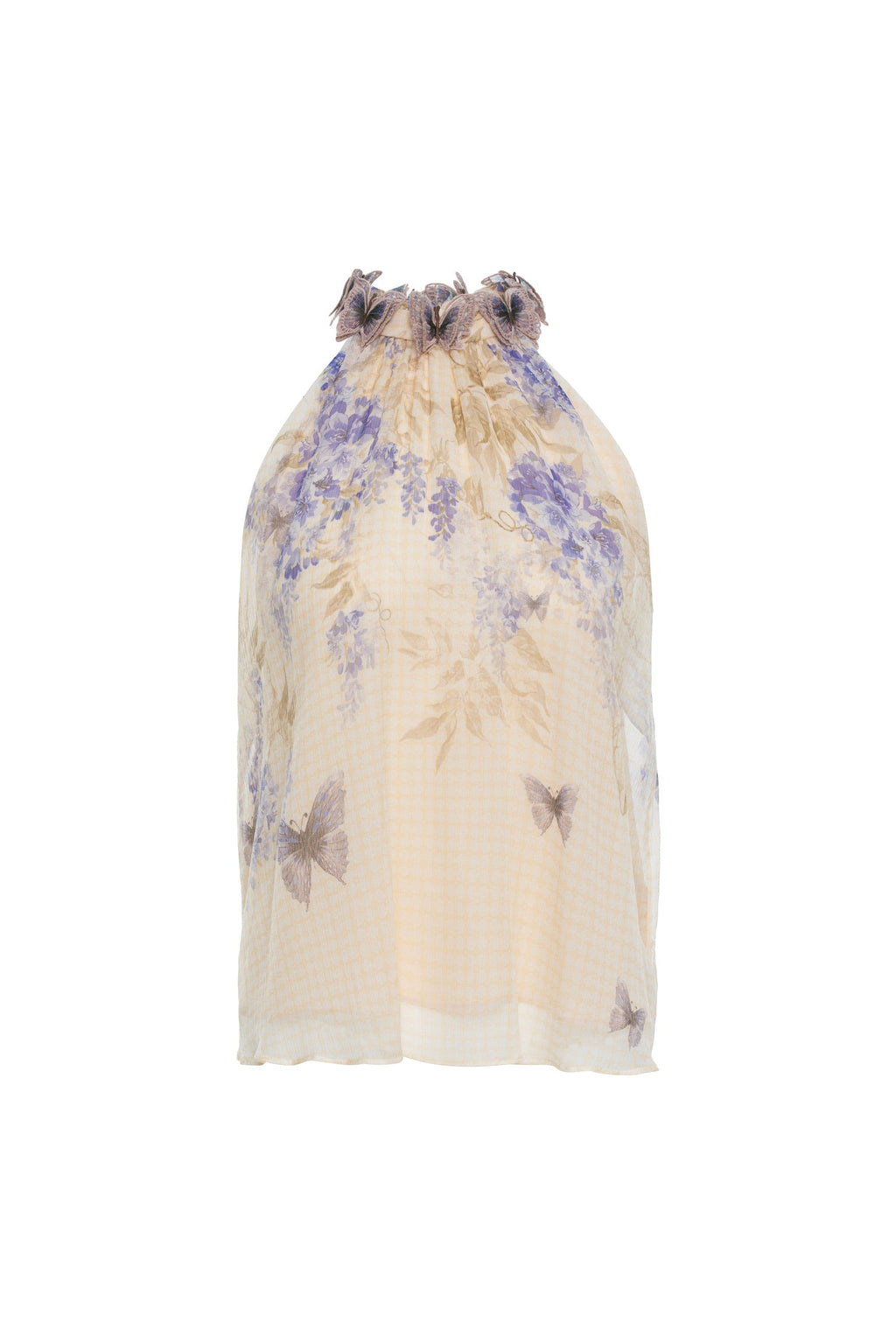 Indigo Wisteria Print Halter Neck Sleeveless Blouse
