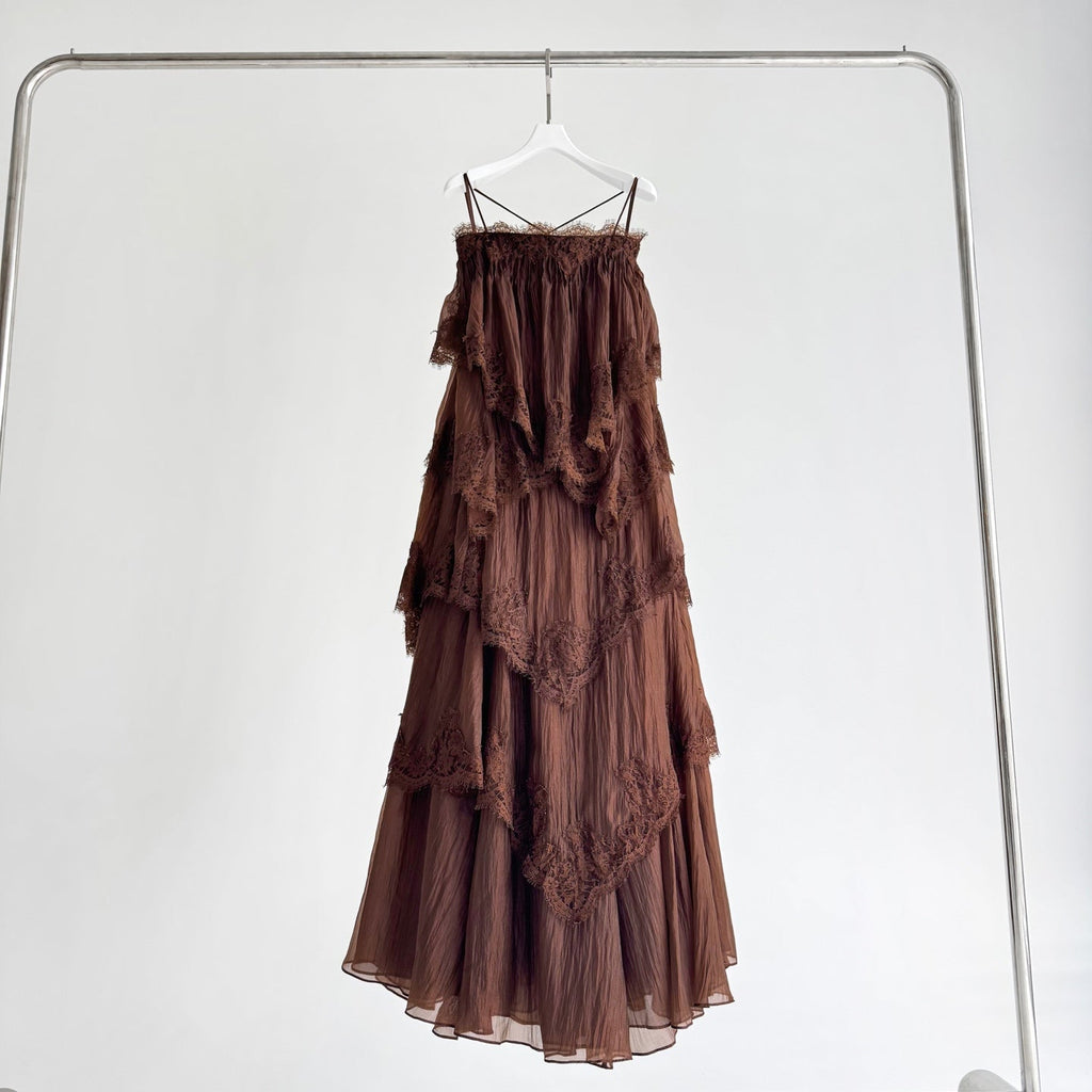 Brown Tiered Ruffle Maxi Slip Dress with Lace Rrim