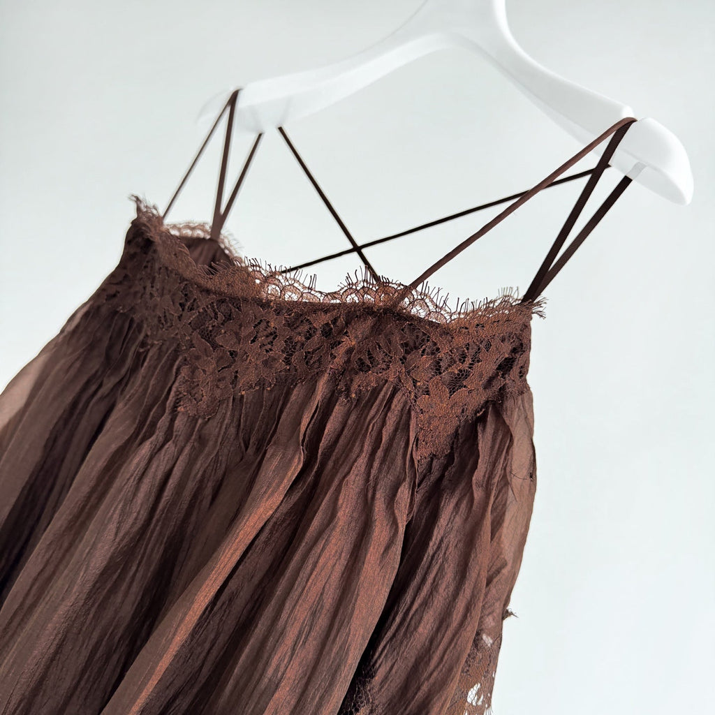 Brown Tiered Ruffle Maxi Slip Dress with Lace Rrim