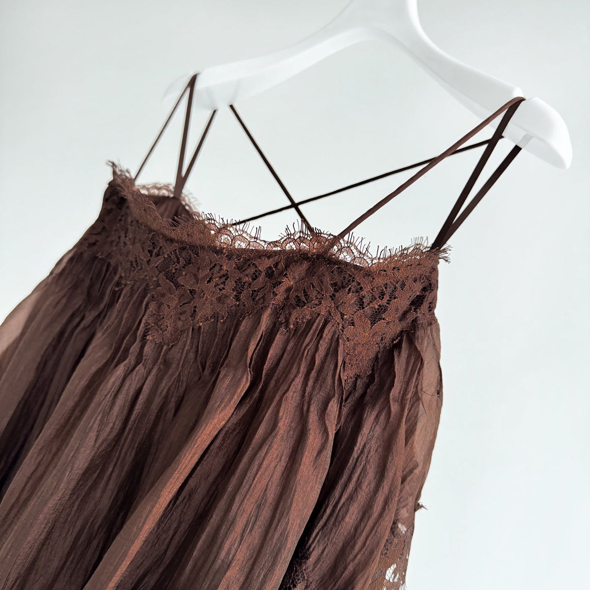 Brown Tiered Ruffle Maxi Slip Dress with Lace Rrim