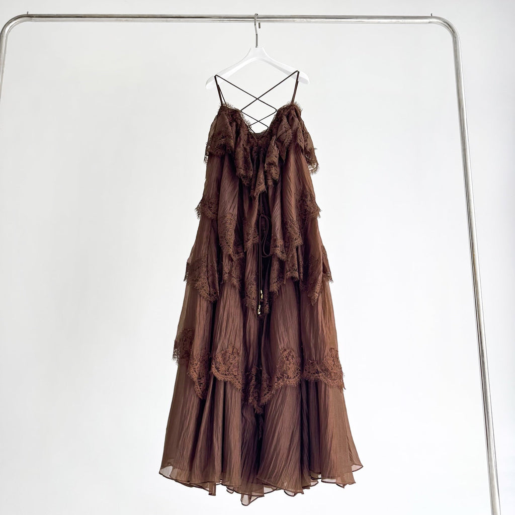 Brown Tiered Ruffle Maxi Slip Dress with Lace Rrim