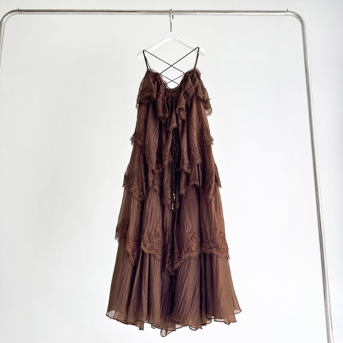 Brown Tiered Ruffle Maxi Slip Dress with Lace Rrim