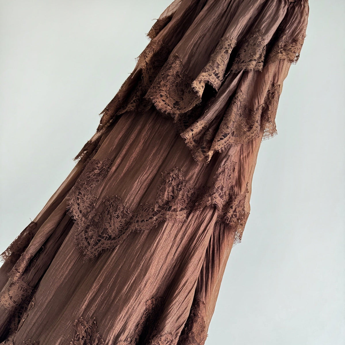 Brown Tiered Ruffle Maxi Slip Dress with Lace Rrim